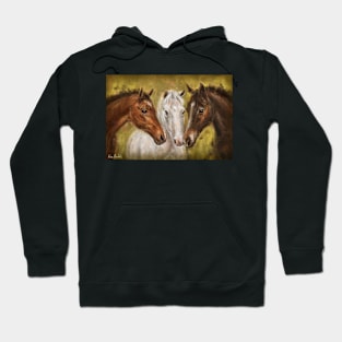 Painting of 3 Horses - Brown and White on Mustard Yellow Background Hoodie